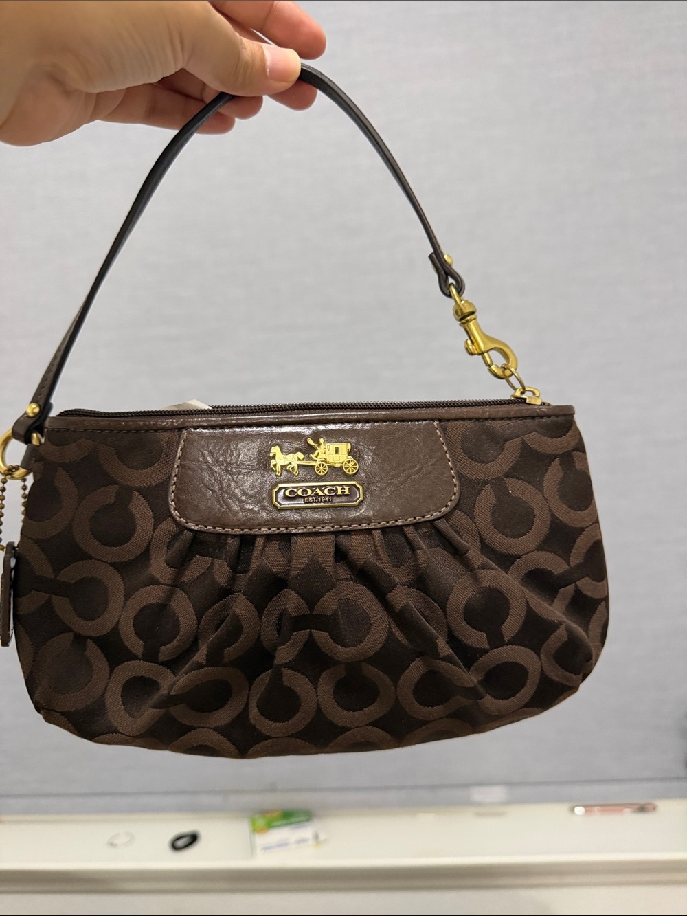 Coach Brown Signature Wristlet with Gold Hardware